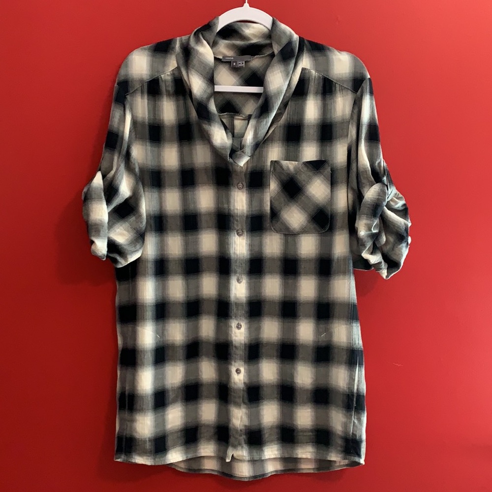 Vince Oversized Gray/White Plaid Tunic Shirt Sz S